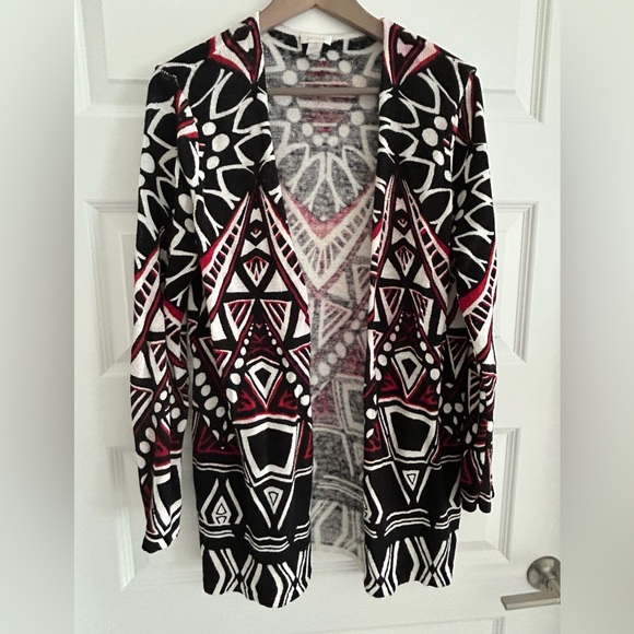 Chicos Linen Cardigan Cream Black Red Size 12 Chicos 2 - Picture 1 of 8